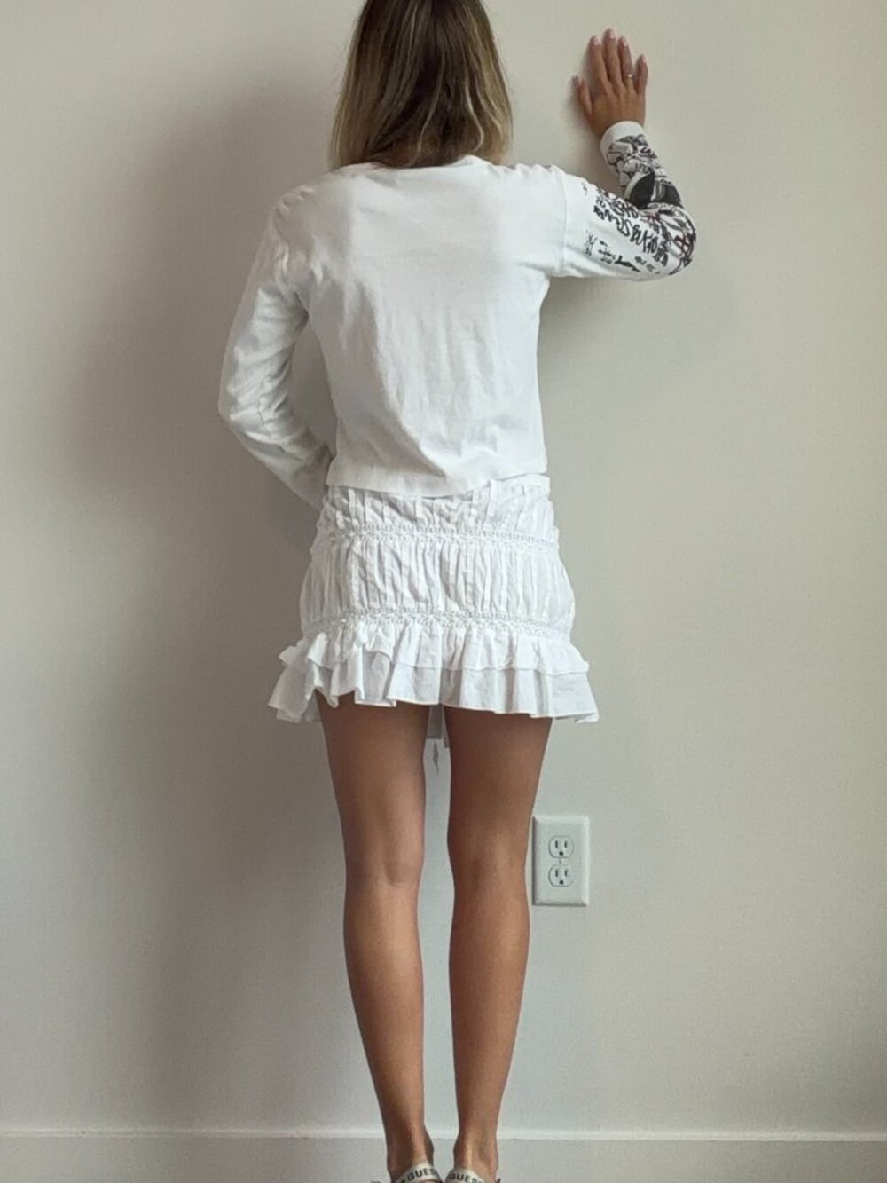Y2K Cotton Mini Skirt (L) large white vintage ruffle beach cute casual coquette - Picture 3 of 6